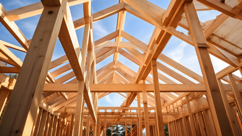Charpente en bois clair d'une maison en construction, avec des poutres et chevrons se découpant sur un ciel bleu.