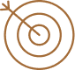 Cible de tir en lignes marron avec une flèche atteignant parfaitement le centre. Symbole de précision et d'objectif.