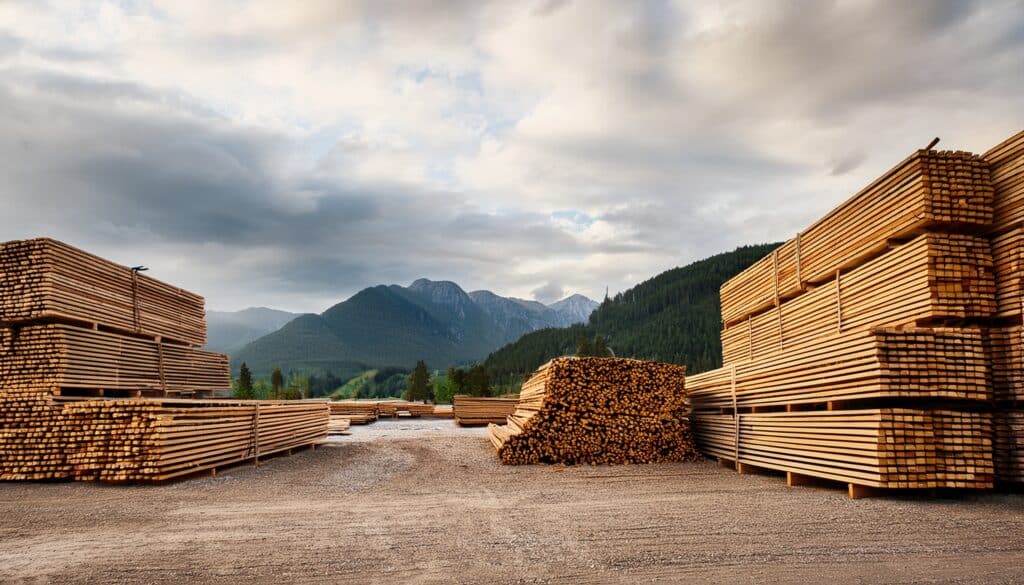 Grand dépôt de bois brut avec piles de planches sciées et de bûches, sur sol de gravier, face à des montagnes boisées sous ciel nuageux.