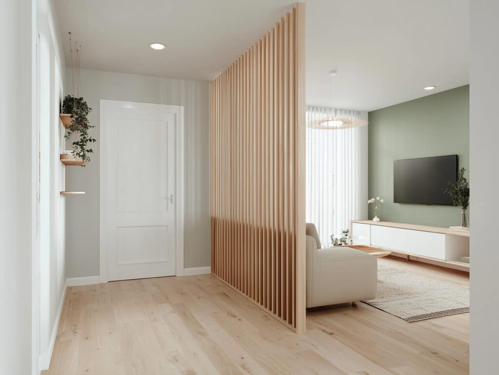 Intérieur lumineux: couloir avec plantes suspendues, porte, et séparateur en lattes de bois menant au salon moderne avec mur vert sauge, TV, et canapé beige.