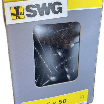 Boîte de 100 vis noires SWG 6x50, empreinte Torx TX 30, emballage jaune et gris avec fenêtre transparente.