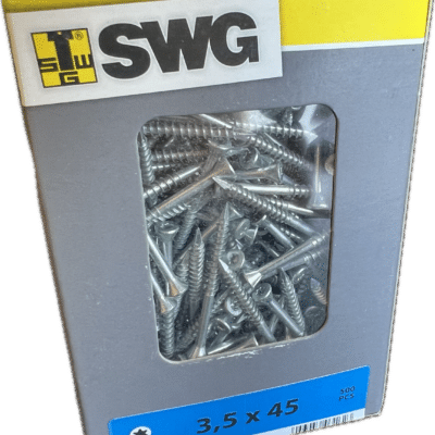 Boîte de 500 vis SWG Torx TX10, dimensions 3,5 x 45 mm, tête fraisée en acier zingué.