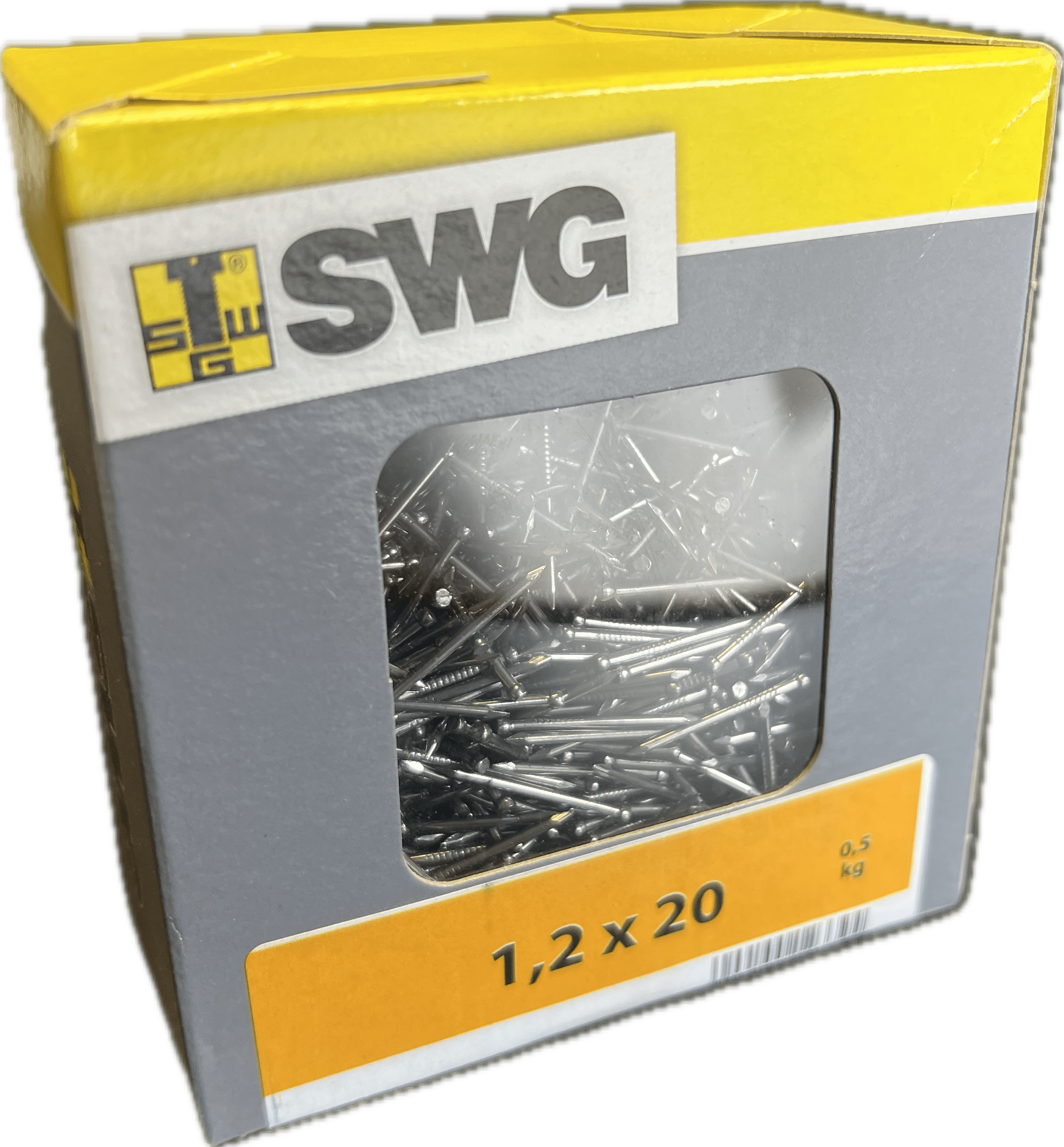Boîte de clous SWG 1,2 x 20 mm, 0,5 kg. Pointes en acier gris visibles par la fenêtre de l'emballage de bricolage.